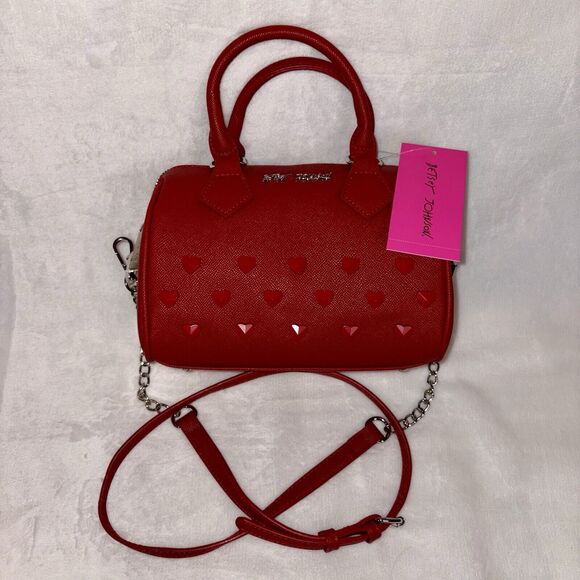 Betsey Johnson Crimson Red Barrel Crossbody Red Heart Stud Accents NWT - Picture 1 of 9